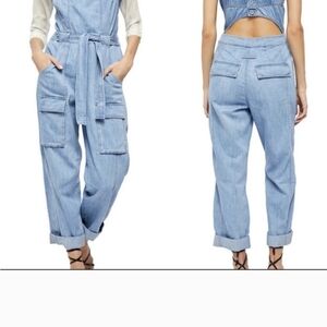 FREE PEOPLE Denim Jumpsuit, Large, Strappy, Sash belt, Pockets, Go West Utility